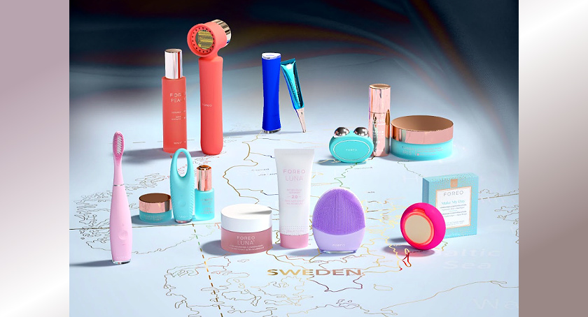 Foreo, a Swedish brand greatly affected by Trump's tariffs, displays its products on a map of Sweden